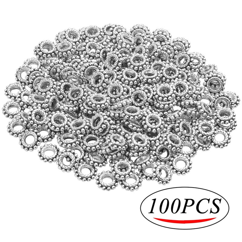 BronaGrand 100pcs 8mm Antique Silver Spacer Beads Tibetan Alloy Bead Spacers for DIY Necklace Bracelets Crafting,Gear-Shaped - Image 2